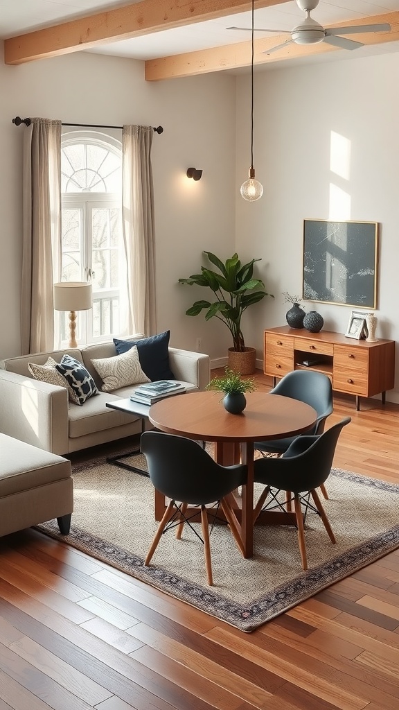 Modern living room-dining room combination featuring a round dining table and stylish chairs.