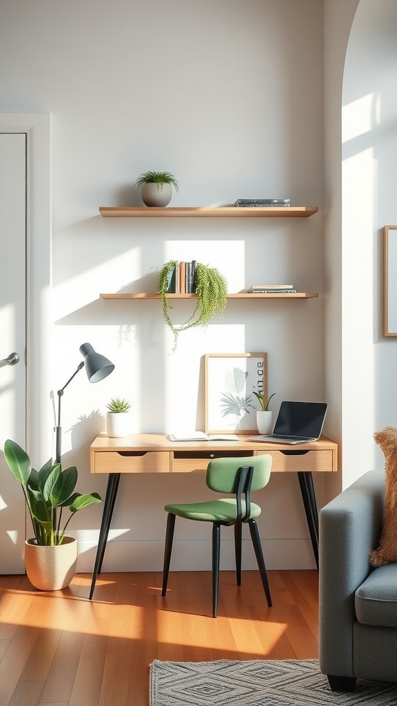 A modern home office nook featuring a floating desk, shelves with plants, and a comfortable chair.