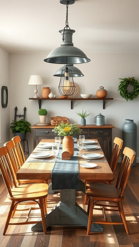 A cozy farmhouse dining room featuring a wooden table with galvanized steel accents in the lighting and decor.