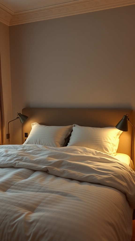 A cozy bedroom scene featuring integrated LED reading lights on either side of the bed.
