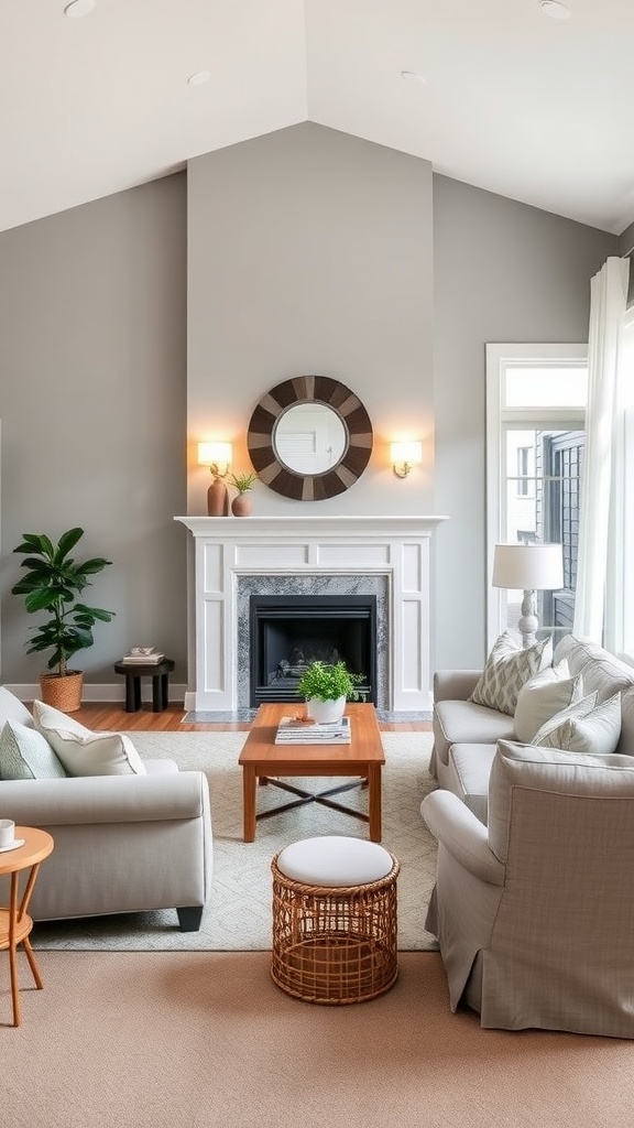 Living room painted in Lazy Gray by Sherwin Williams, featuring modern furniture and a cozy fireplace.