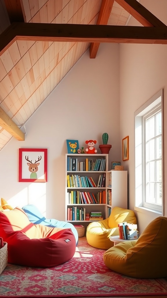 Cozy loft reading nook with colorful bean bags, bookshelves, and sunlight