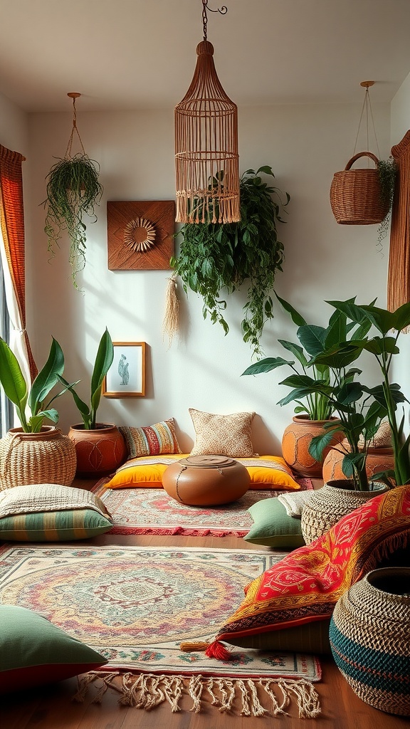Cozy Boho living room with low floor seating, colorful cushions, and plants