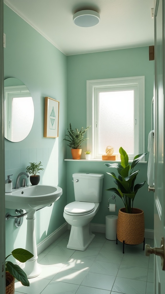 A small bathroom with mint green walls, white fixtures, and plants, showcasing a bright and inviting atmosphere.