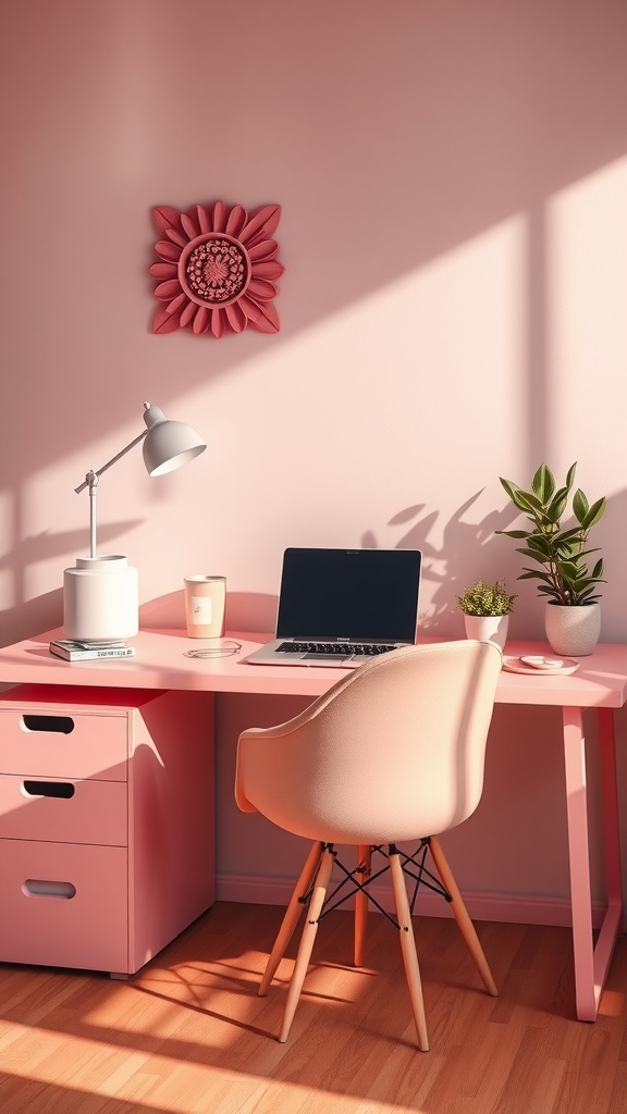 A cozy pink-themed desk setup featuring a light pink desk, a laptop, a stylish lamp, and a plant.