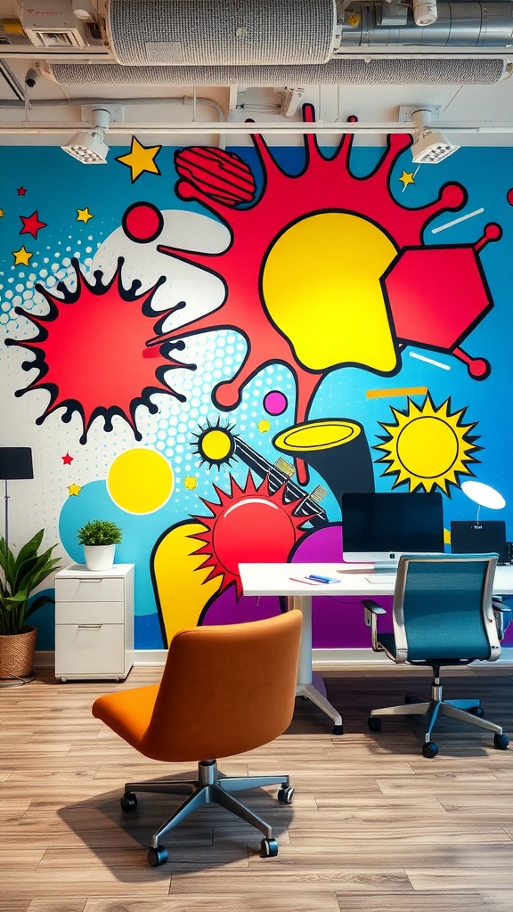 A vibrant pop art accent wall in an office setting featuring colorful graphics and playful designs.