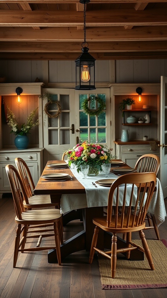 A rustic dining room with a wooden table and floral centerpiece, featuring warm lighting and cozy decor.