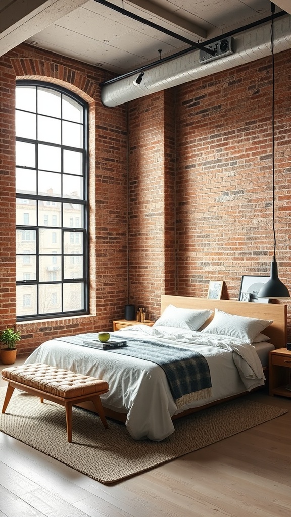 A modern industrial bedroom featuring minimalist furniture with a wooden bed frame, a bench, and brick walls.