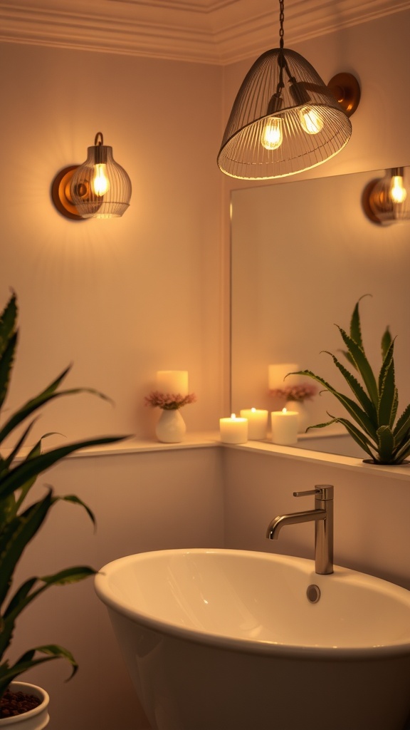 Bathroom with soft ambient lighting, featuring pendant and wall lights along with candles and plants.