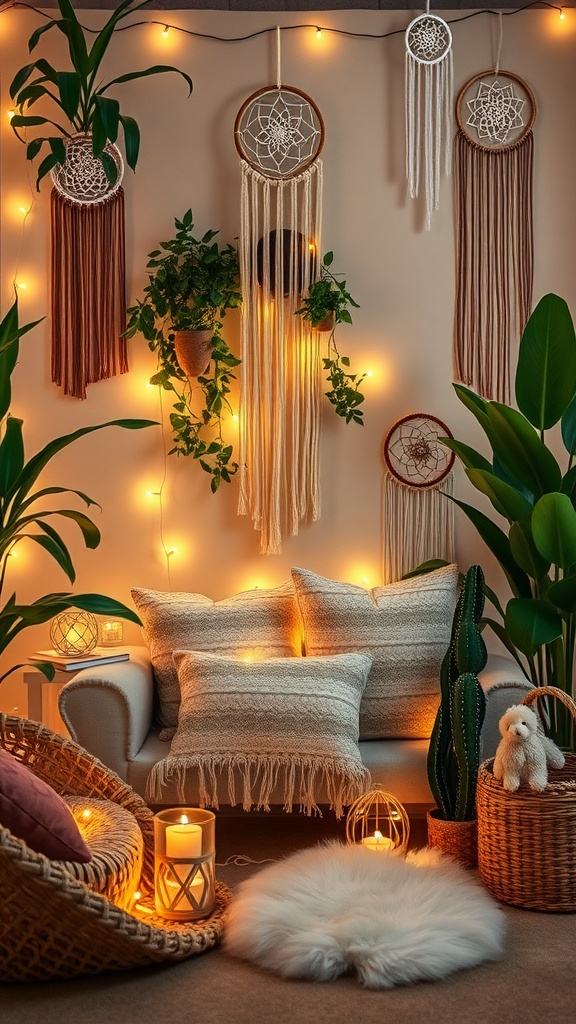 A cozy Boho nook with sofa, cushions, fairy lights, and plants