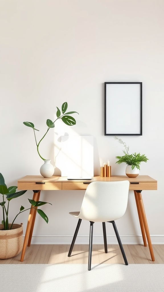 A minimalist study area featuring a wooden desk, a white chair, and potted plants, creating a soft and inviting workspace.