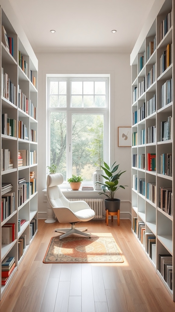 A minimalist home library featuring tall shelves filled with books, a cozy chair, and natural light coming through a window.