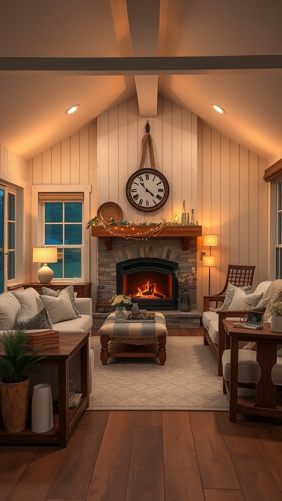 Cozy rustic farmhouse living room featuring a fireplace and warm lighting.