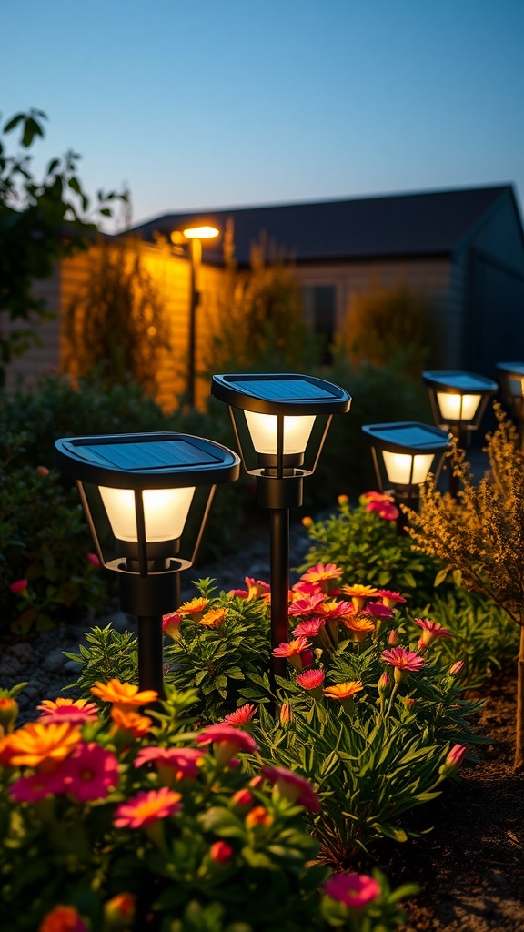 Urpower solar lights illuminating a garden with colorful flowers at dusk
