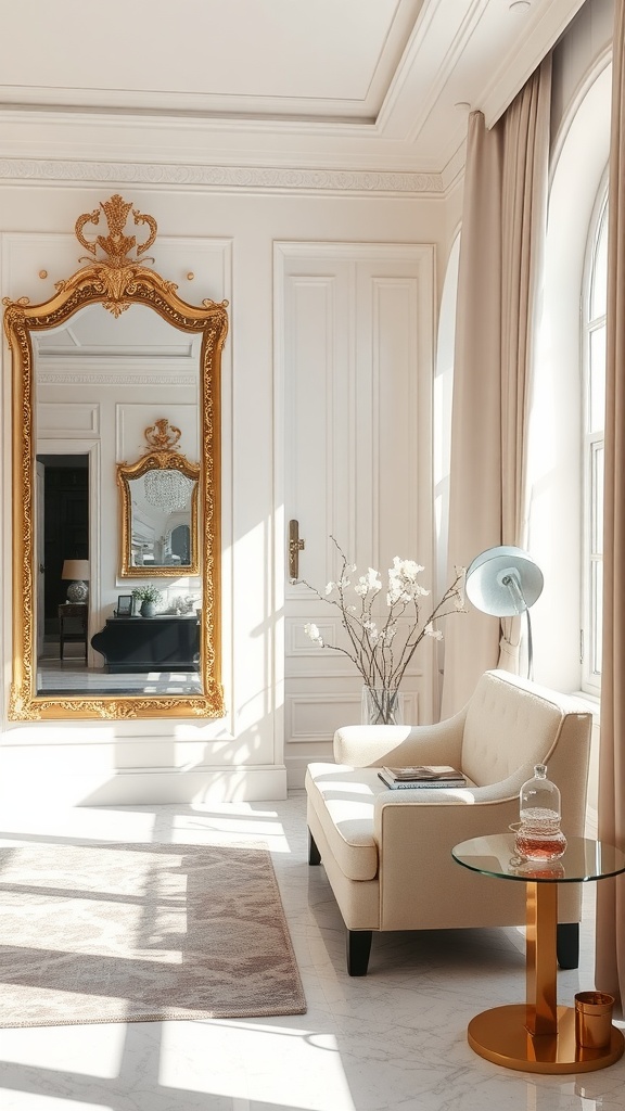 A beautifully styled room with a large ornate mirror reflecting sunlight, a couch, and a glass table.