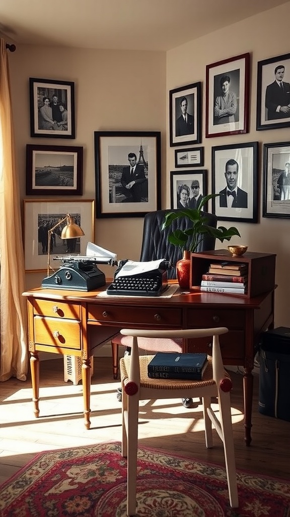 A vintage-inspired office space with a wooden desk, typewriter, and framed photographs on the wall.