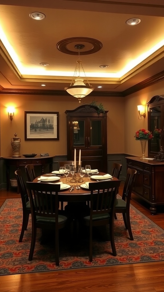 A warm traditional dining room with recessed lighting, elegant chandelier, and wooden furniture.