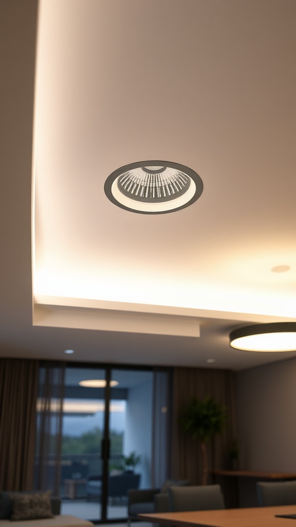 Close-up image of a 6-inch recessed lighting fixture installed in a modern ceiling