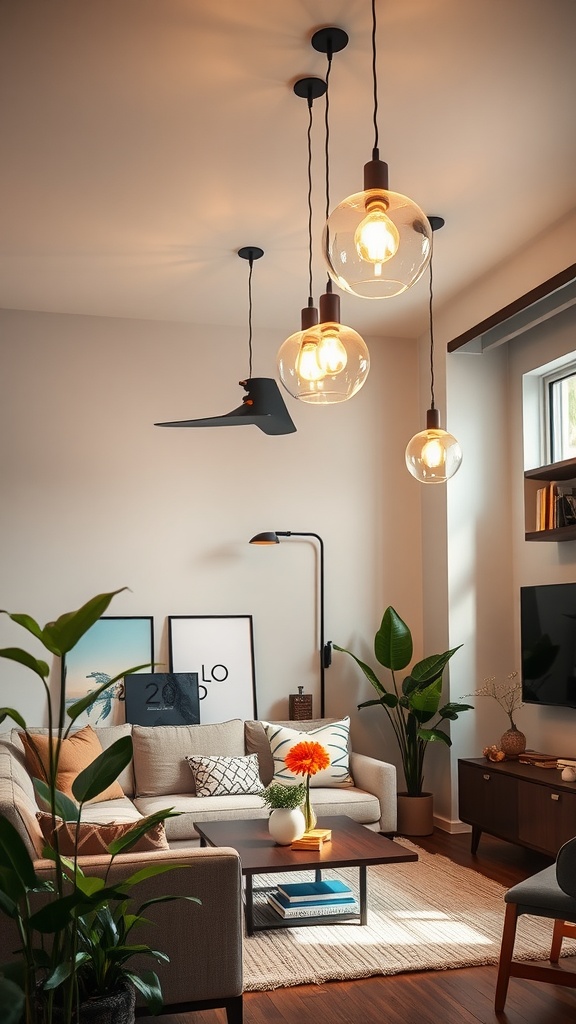 A stylish living room featuring pendant lights that add visual interest