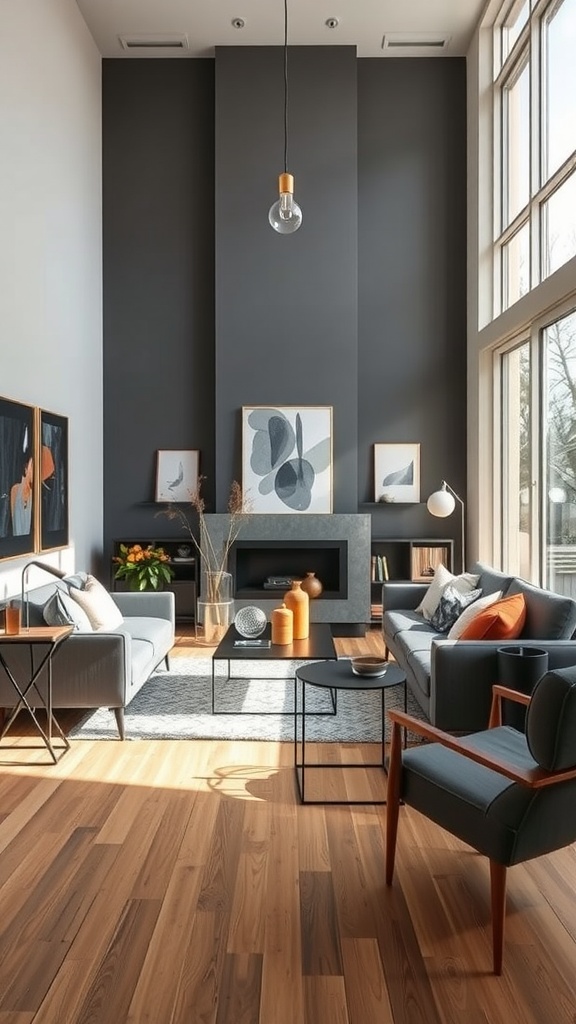 Living room painted in Amazing Gray by Sherwin Williams, featuring natural light, modern furniture, and warm accents.