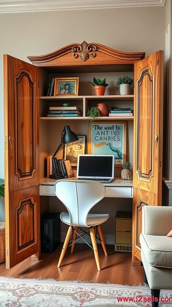 A stylish armoire transformed into a home office nook with a desk, laptop, and decorative items.