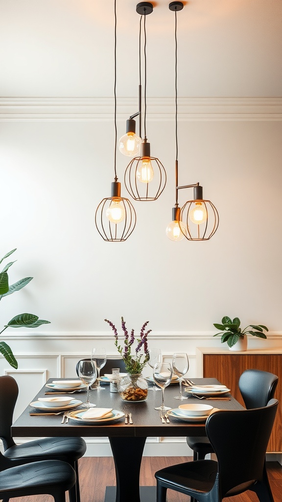 A modern dining room with artistic pendant lights above a stylish table set for dinner.
