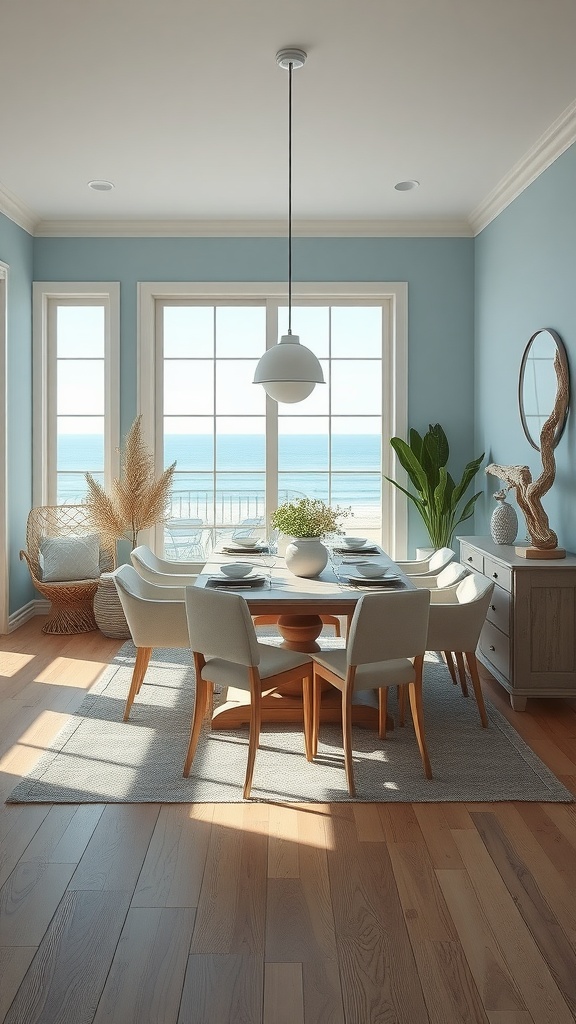 Chic dining room with coastal decor, featuring blue walls, large windows, and a wooden dining table