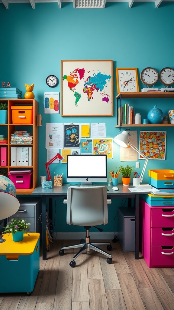 A vibrant home office with a turquoise wall, colorful storage, and a sleek desk setup.