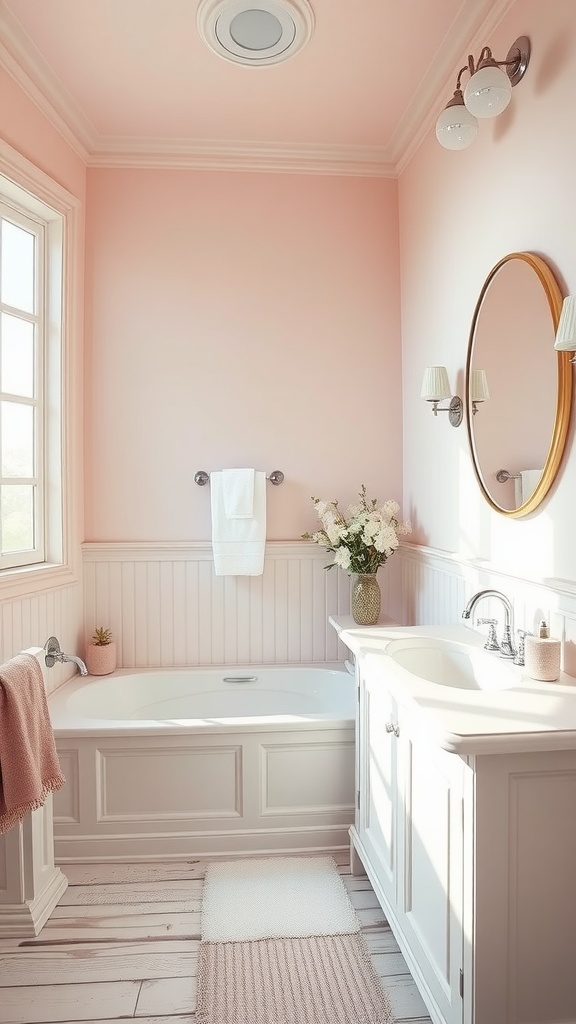 A cozy bathroom painted in Cotton Candy Pink with white fixtures and natural light.