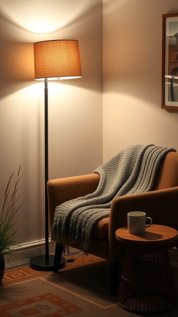 A cozy corner in a living room featuring a stylish floor lamp, an orange chair with a gray throw, and a small table with a mug.