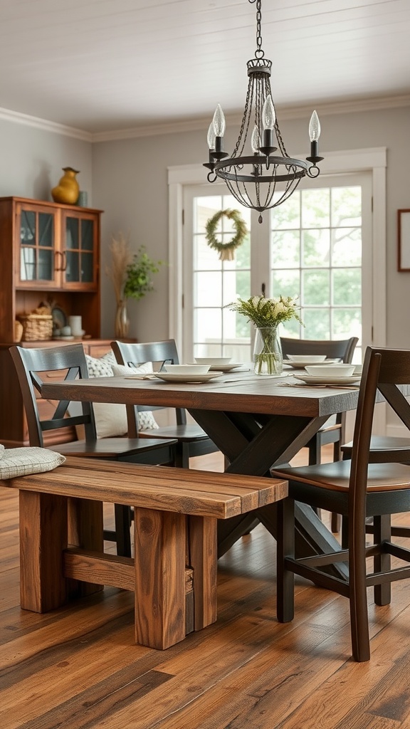 Farmhouse dining room featuring a wooden dining bench next to a table and chairs.