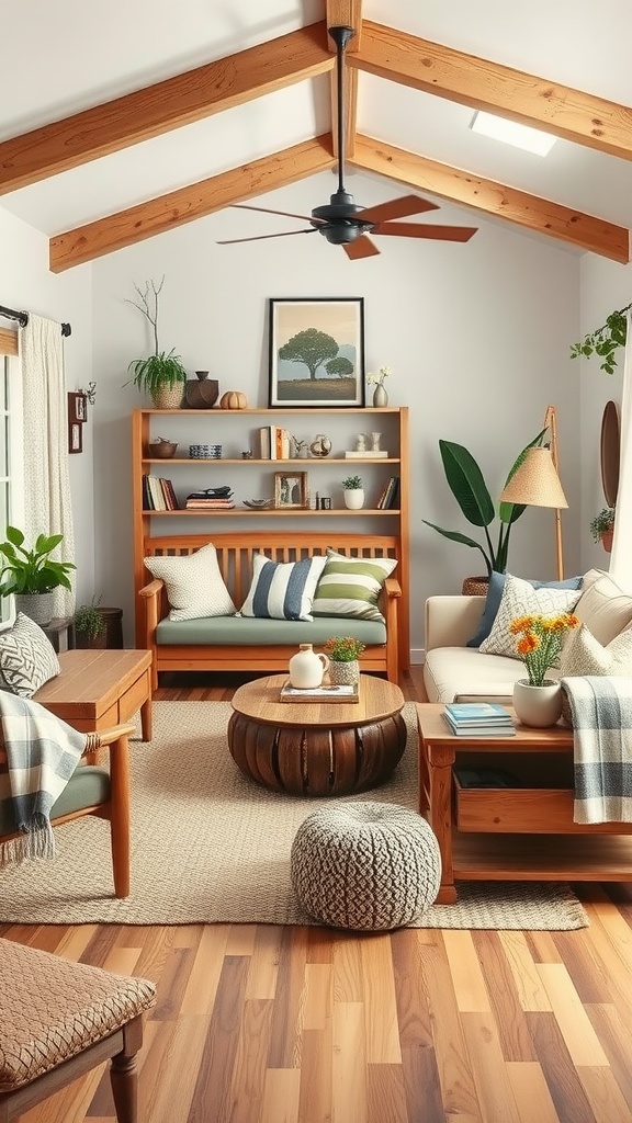 Cozy rustic farmhouse living room with wooden beams, comfortable seating, and natural decor elements.