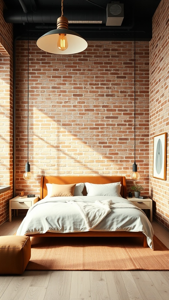 Modern industrial bedroom featuring a large ceiling light fixture and pendant lights over the bed.