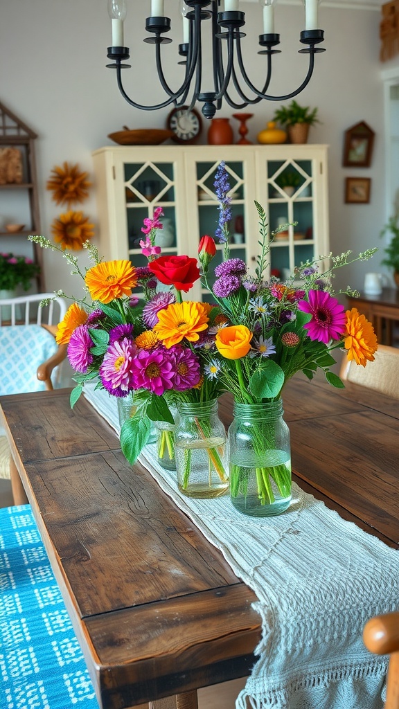 A cozy dining room table adorned with fresh wildflower centerpieces in glass jars, featuring vibrant flowers and a rustic wooden table.