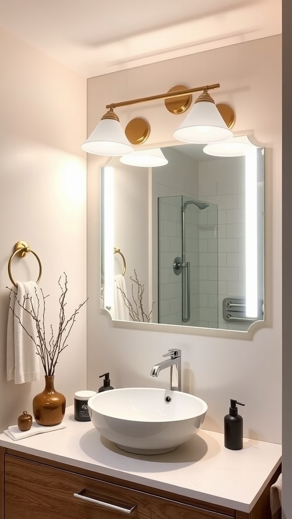 A bathroom with modern vanity lights above a sleek sink and mirror
