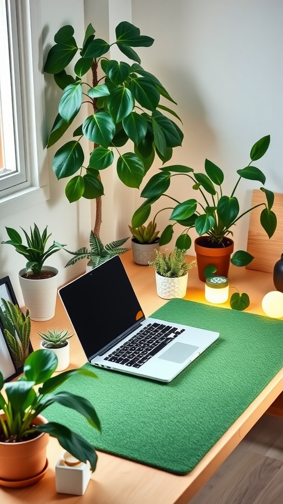 A cozy green-themed desk setup with plants and a laptop