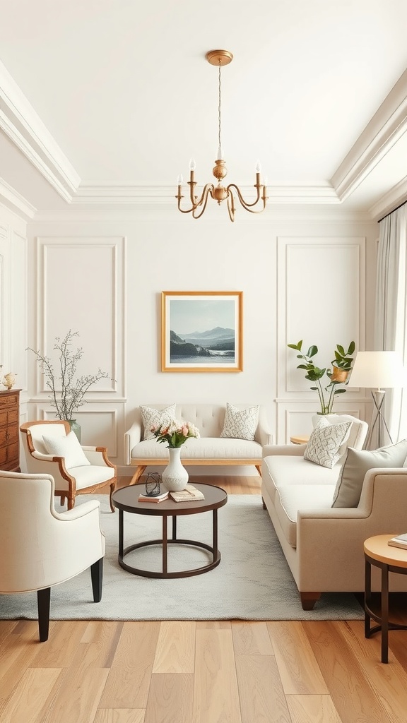 A stylish living room-dining room combo featuring neutral colors, light wooden floors, and comfortable furniture.