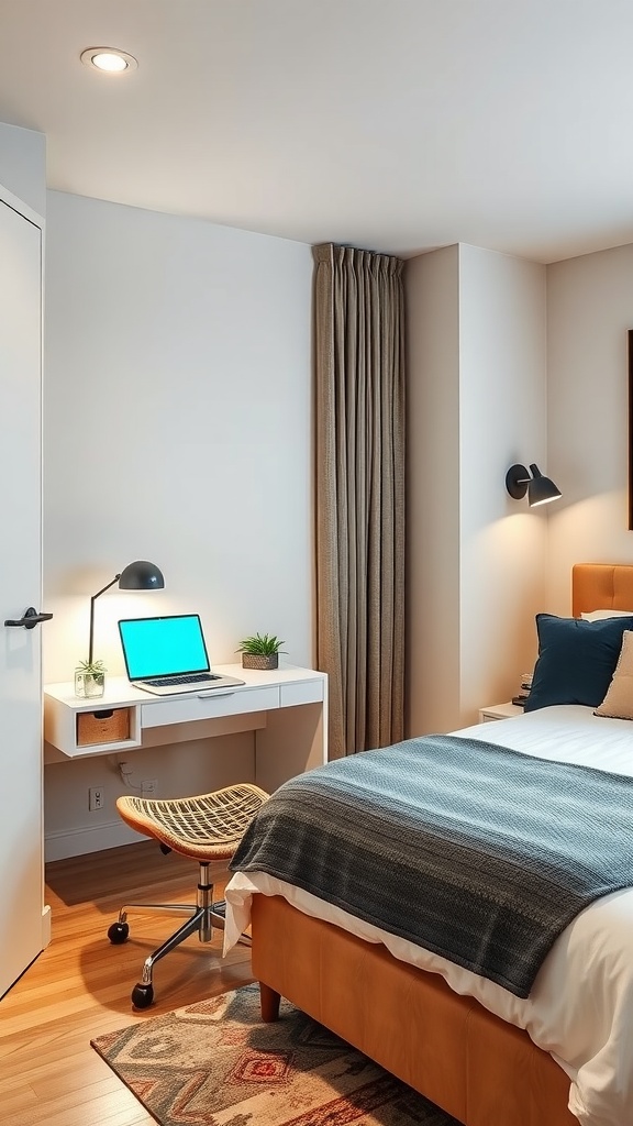 A cozy guest bedroom that doubles as a home office, featuring a laptop on a desk and a comfortable bed.
