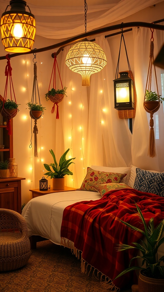 A cozy bedroom featuring hanging lanterns, fairy lights, plants, and a warm color scheme.