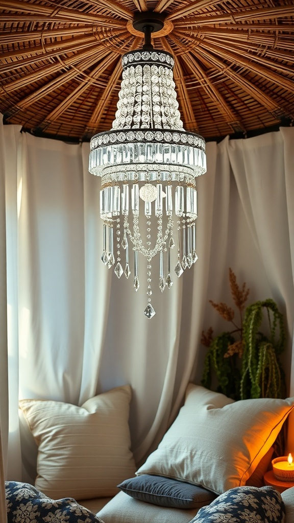 A crystal chandelier hanging in a cozy nook with cushions and curtains