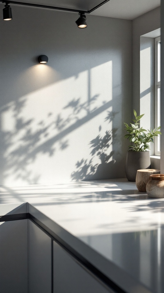 A modern kitchen featuring minimalist spotlights illuminating the countertop and sink area.