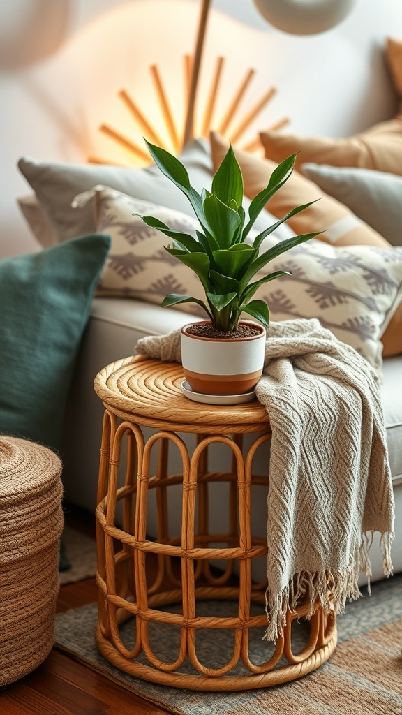 A cozy living room featuring a rattan side table with a potted plant and a textured throw.