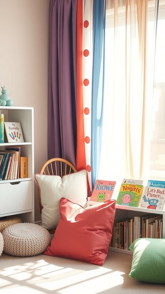 Cozy reading nook with colorful curtains and soft pillows, featuring a bookshelf of children's books.