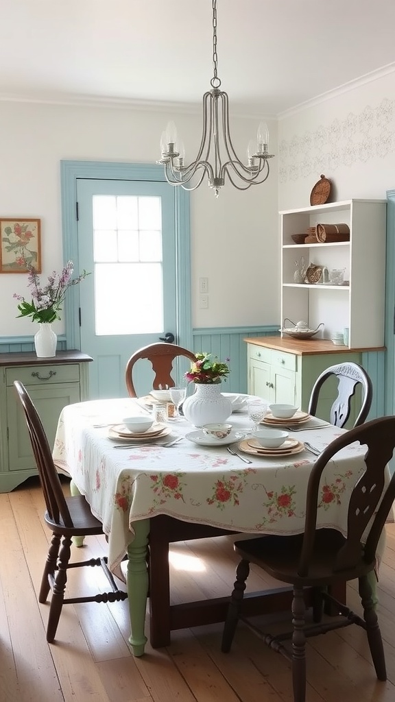 A cozy dining room featuring Robins Egg Blue accents, a floral tablecloth, and wooden chairs.