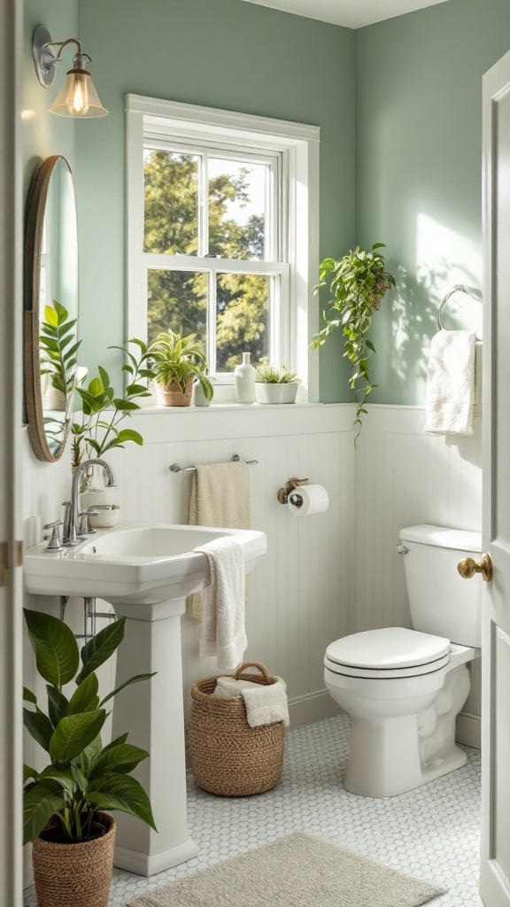 A small bathroom painted in sage green with white tiles, plants, and a modern sink.