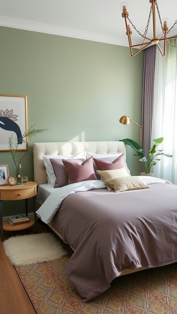 A cozy bedroom featuring sage green walls and mauve bedding with elegant decor.