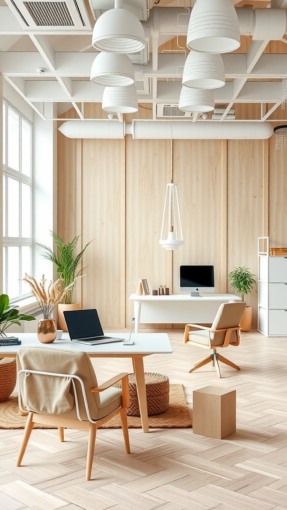 A Scandinavian-style office with light wood paneling, a white desk, and greenery.