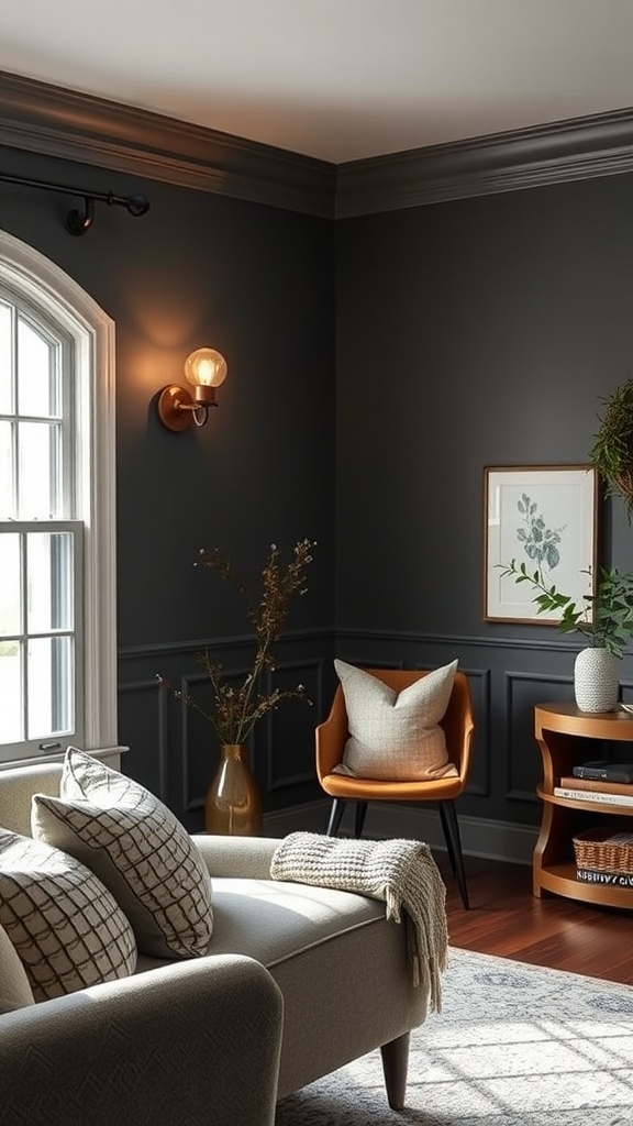 Cozy living room painted in Sherwin Williams Colonnade Gray with modern decor