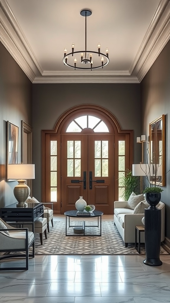 Sophisticated entryway with dark walls, double doors, stylish furniture, and elegant lighting.