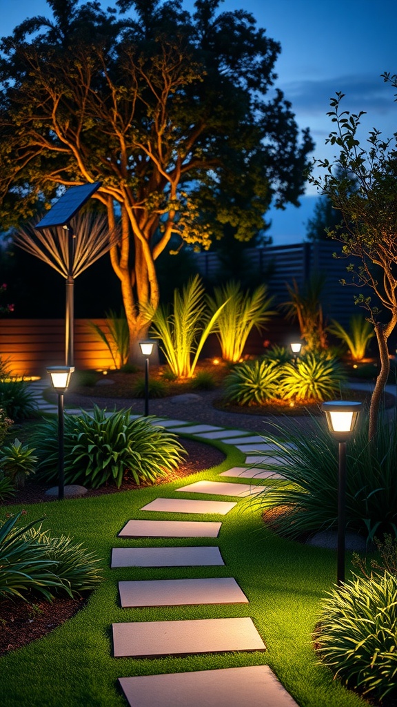 A beautifully lit garden path with T-Sunus Solar Landscape Spotlights illuminating the greenery.